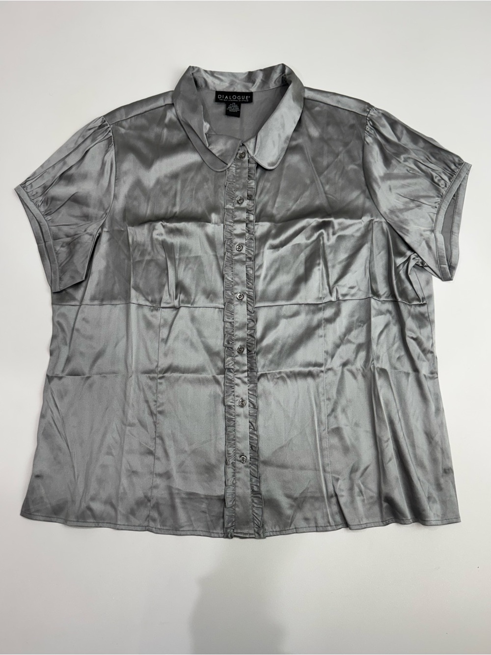 Vtg Dialogue Silk Blouse Silver Gray Satin Ruffle Button Front Short Sleeve 2X